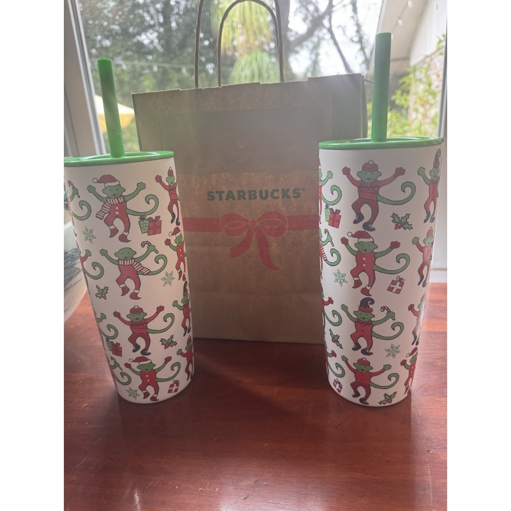 Starbucks x Roller Rabbit Christmas 2025 Monkey Green + Red Cup NWT -2 Available